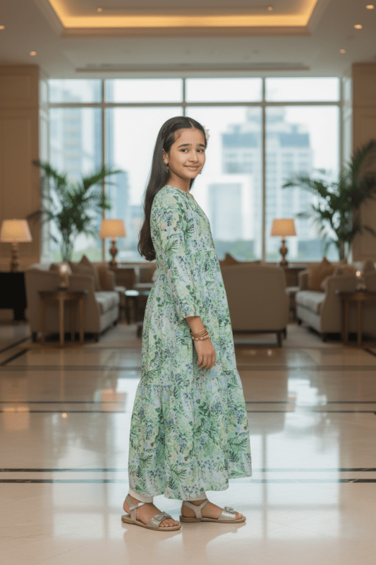 🌿 Emerald Leaf Long Frock