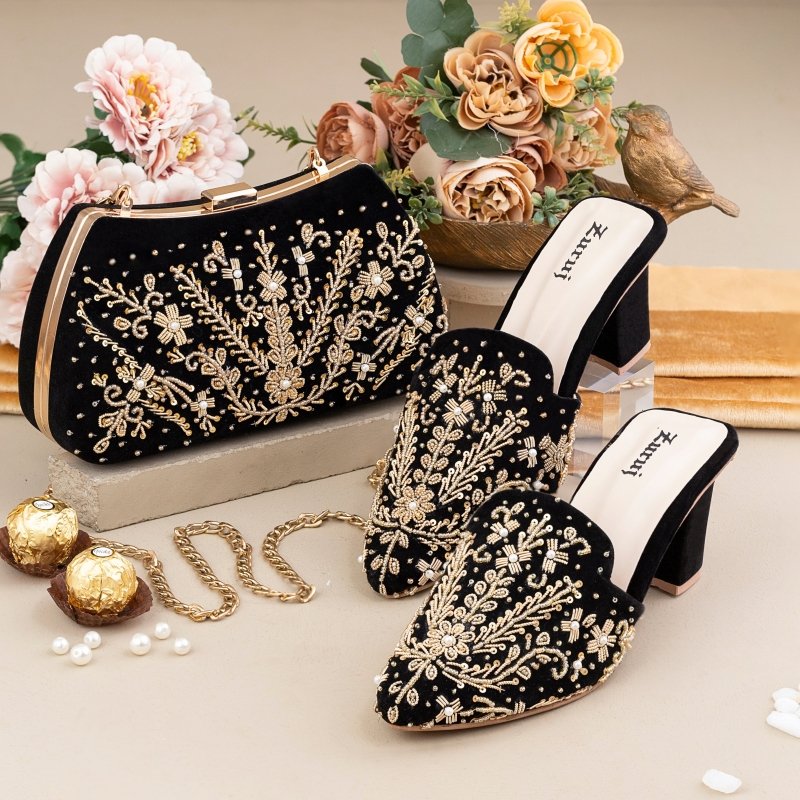 Heritage Black Mules & Clutch