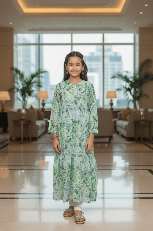 🌿 Emerald Leaf Long Frock