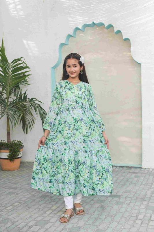 🌿 Emerald Leaf Long Frock