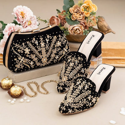 Heritage Black Mules & Clutch